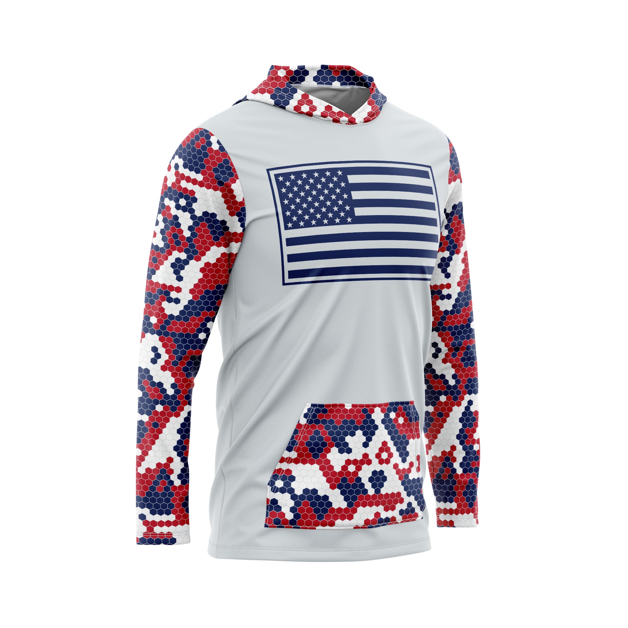 US Flag Color Block Red White and Blue Hex Camo Performance Hoodie YS / Fleece (Mid-Weight) / Long Sleeves