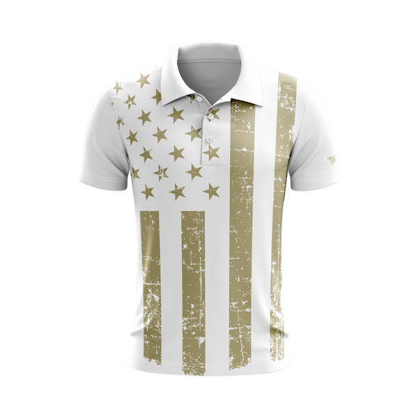 White Gold USA Flag Performance Golf Shirt